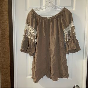 Umgee Tan Off-Shoulder Blouse with Lace Trim